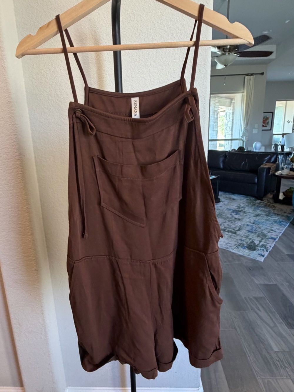 Zenana Brown Rayon Tie Strap Pocket Shortall Romper Size Small NWOT